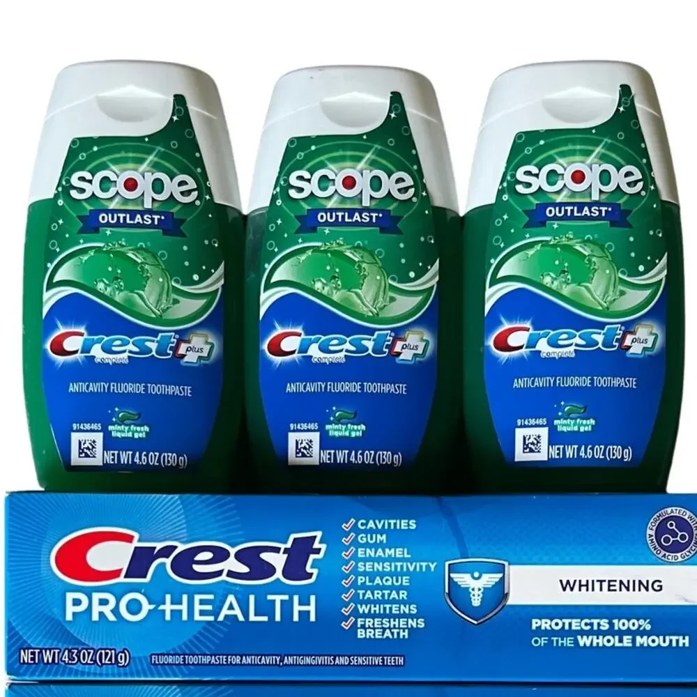Lot 7 Crest Pro-Health/ Scope Outlast Fluoride Toothpaste, 4.3OZ/4.6OZ